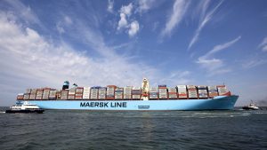 File photo of MV Maersk Mc-Kinney Moller the world's biggest container ship...File photo of the MV Maersk Mc-Kinney Moller, the world's biggest container ship, arriving at the harbour of Rotterdam August 16, 2013. Danish conglomerate A.P. Moller-Maersk has agreed January 7, 2014, to sell major stakes in two retail chains for about 17 billion Danish crowns ($3.1 bln) as it focuses on its core shipping and oil businesses. REUTERS/Michael Kooren/Files (NETHERLANDS - Tags: MARITIME TRANSPORT BUSINESS)